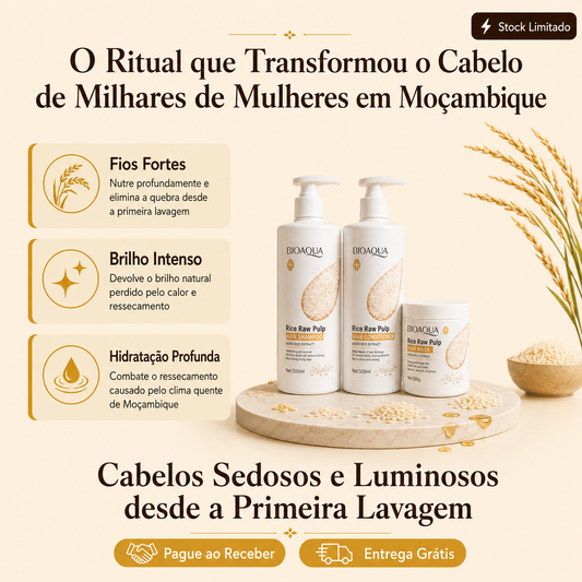 RizaGlow™ — Ritual Capilar de Arroz para Fios Sedosos e Luminosos