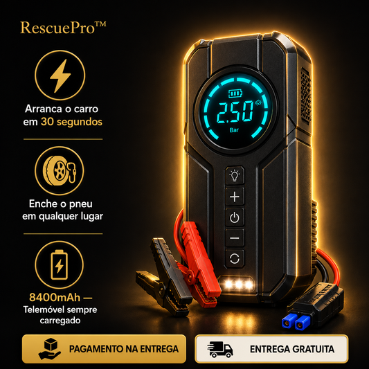 RescuePro™ — Dispositivo de Emergência 4 em 1 – Arranque, Compressor, Lanterna e Powerbank