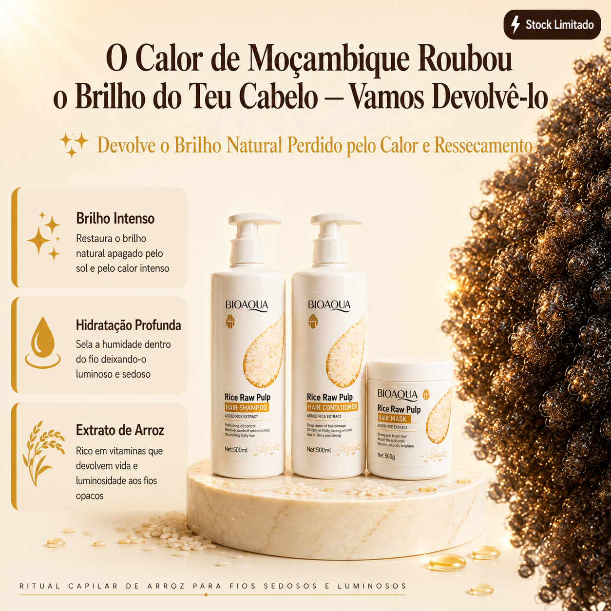 RizaGlow™ — Ritual Capilar de Arroz para Fios Sedosos e Luminosos